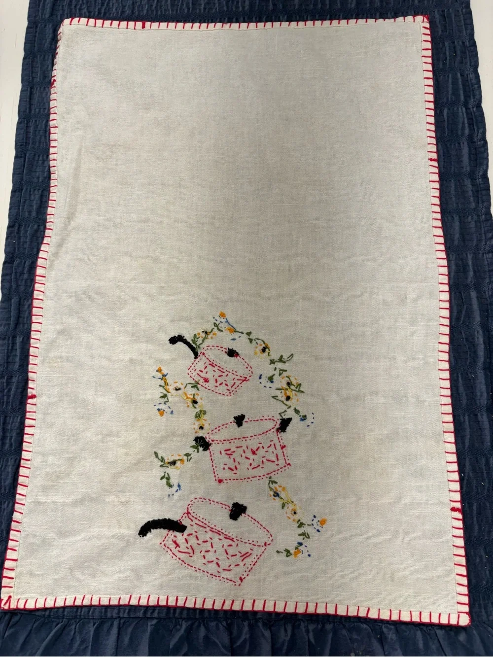 3 vintage hand Embroidered Cotton Kitchen Towels- Blue, red, green cream towels